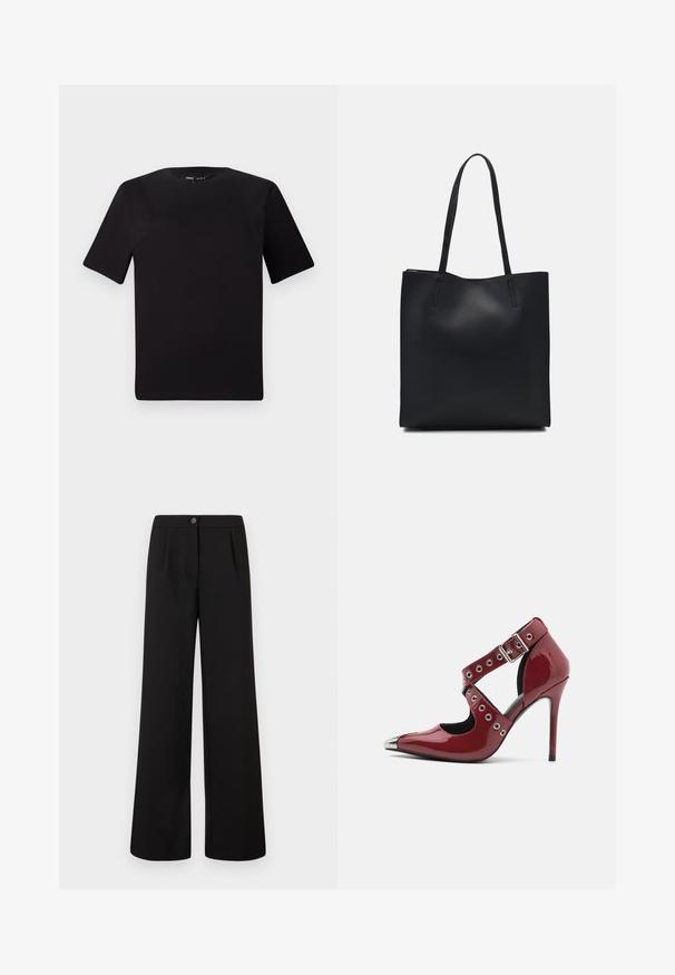Fekete, rövid ujjú póló, kerek nyakkal, puha pamutból készült. Egyszerű dizájn, nincs látható logó vagy minta.; Fekete, magas derékú, széles szárú nadrág elöl gombos és cipzáros záródással, a derékpánt alatt finom redőzéssel.; Piros lakkbőr magassarkú cipő kivágott dizájnnal, ezüst kör alakú fémlyukakkal és hegyes orral, fémes kiemeléssel az orrán.; Fekete bőrtáska sima felszínnel, téglalap alakú, két hosszú füllel. Nincs látható fémkiegészítő vagy díszítés.