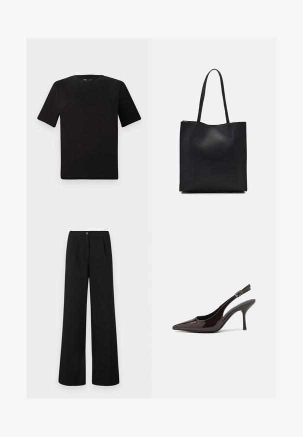 Fekete, rövid ujjú póló, kerek nyakkal, puha pamutból készült. Egyszerű dizájn, nincs látható logó vagy minta.; Fekete, magas derékú, széles szárú nadrág elöl gombos és cipzáros záródással, a derékpánt alatt finom redőzéssel.; Fényes sötétbarna lakkbőr magas sarkú slingback cipő, hegyes orral, nyitott oldalakkal és állítható bokapánttal.; Fekete bőrtáska sima felszínnel, téglalap alakú, két hosszú füllel. Nincs látható fémkiegészítő vagy díszítés.