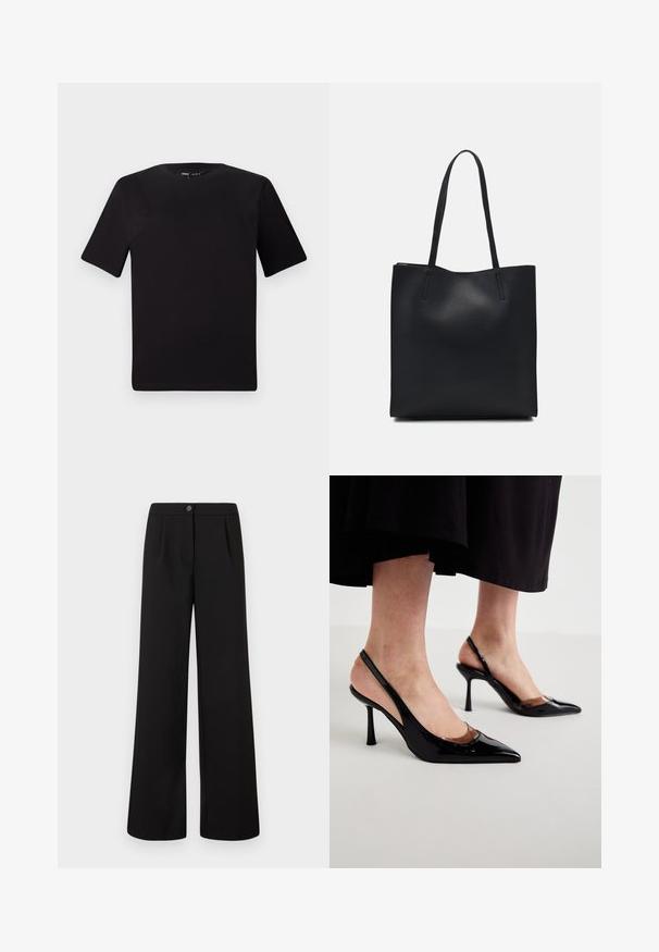 Czarna koszulka z krótkim rękawem o okrągłym dekolcie, wykonana z miękkiej bawełny. Prosty design, bez widocznych logo ani wzorów.; Czarne szerokie spodnie z wysokim stanem, zapinane na guziki i zamek błyskawiczny, z delikatnymi fałdami poniżej pasa.; Czarne lakierowane szpilki typu slingback z ostrymi noskami i przezroczystymi wycięciami z przodu, umieszczone na gładkiej jasnej powierzchni.; Czarna skórzana torba tote o gładkiej fakturze, prostokątnym kształcie i dwóch długich uchwytach. Brak widocznych elementów metalowych i ozdób.