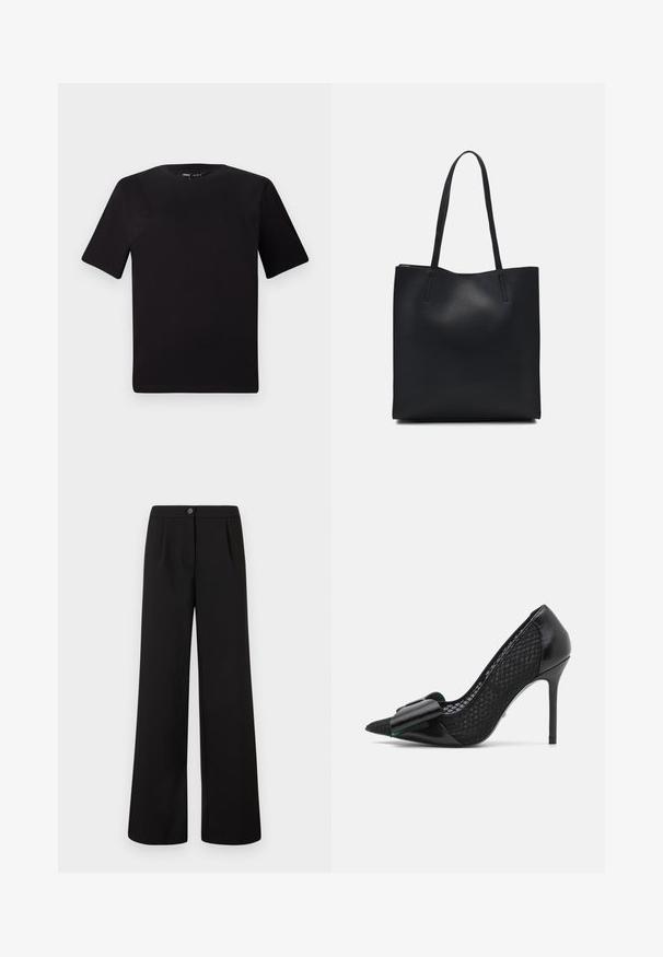 Musta lyhythihainen t-paita pyöreällä kaula-aukolla, valmistettu pehmeästä puuvillakankaasta. Yksinkertainen malli, ei näkyviä logoja tai kuvioita.; Musta korkea vyötärö ja leveälahkeiset housut, joissa on edessä nappi ja vetoketjukiinnitys, ja vyötärön alla on hienovaraisia poimuja.; Musta korkokenkä, jossa on kärki ja sileä nahkainen etuosa sekä teksturoitu verkkosivusto, koristeltuna suurella nauhakoristeella.; Mustapahkainen kangaskassi, jossa on sileä pinta, suorakaiteen muotoinen ja kaksi pitkää kahvaa. Ei näkyvää metalliosaa tai koristeita.