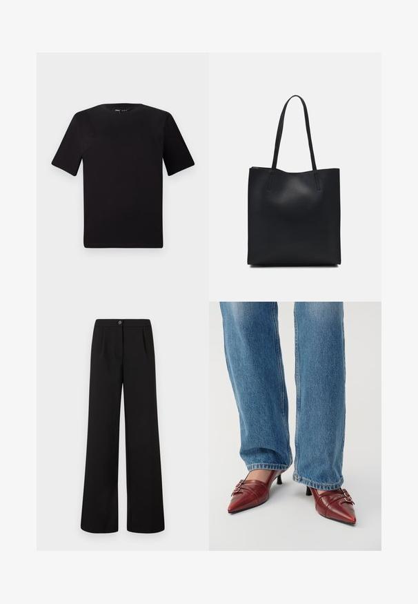 Juodas trumpas rankovės marškinėlis su apvaliu iškirpimu, pagamintas iš minkštos medvilnės medžiagos. Paprastas dizainas, be matomų logotipų ar raštų.; Juodi aukšto liemens platūs kelnių su priekiniais saga ir užtrauktuku, su subtiliomis klostėmis po juosmeniu.; Raudoni odiniai bateliai su smailiu pirštu ir mažais kulnais, su horizontaliais siūlais ir dviem sidabrinėmis sagtimis, dėvimi su mėlynomis džinsinėmis kelnėmis.; Juodas odinis tote krepšys su lygia tekstūra, stačiakampio formos ir dviem ilgais rankenomis. Matomų metalinių detalių ar puošybos nėra.