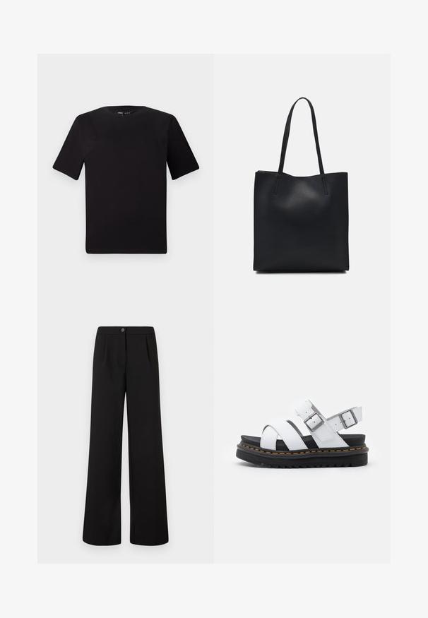 Black short-sleeve t-shirt with a round neckline, crafted from soft cotton fabric. Simple design, no visible logos or patterns.; Black high-waist wide-leg trousers with front button and zipper closure, featuring subtle pleats below the waistband.; White leather sandals with adjustable buckle straps, layered black platform sole, and orange stitching detail along the edge.; Black leather tote bag with smooth texture, rectangular shape, and two long handles. No visible hardware or embellishments.