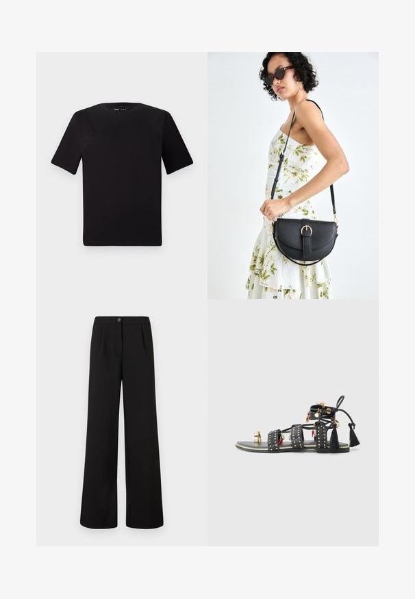 Črna majica s kratkimi rokavi in okroglim izrezom, izdelana iz mehkega bombažnega materiala. Preprost dizajn, brez vidnih logotipov ali vzorcev.; Črne hlače širokega kroja z visokim pasom, z zapiranjem na gumbe in zadrgo spredaj, ki imajo diskretne naborke pod pasom.; Črne usnjene sandale z tremi širokimi trakovi, z zlatimi žebljički, okrasnimi resicami in čarovnicami v rdeči in zeleni barvi. Ravno podplat z zlatim akcentom.; Črna usnjena torbica s ukrivljeno obliko, z odstranljivo naramnico in zlatimi dodatki. Torbica ima pokrov s podrobnostmi v obliki zaponke.