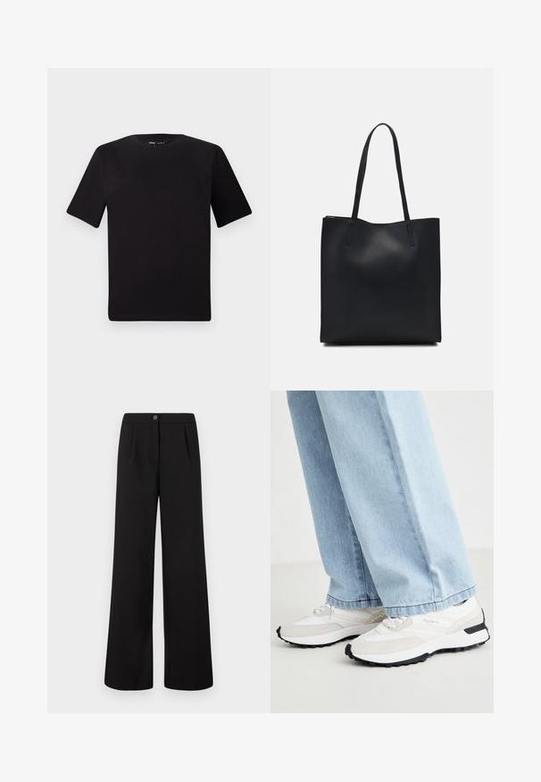 Melnas īsām piedurknēm T-krekls ar apaļu kakla izgriezumu, izgatavots no mīksta kokvilnas auduma. Vienkāršs dizains, bez redzamām logo vai rakstiem.; Melni augstais viduklis plašie bikses ar priekšējo pogu un rāvējslēdzēju, ar nelieliem krokām zem jostasvietas.; Sporta kedas ar baltu acs audumu, pelēkiem zamšu akcentiem, melnu gumijas zolīte un teksturēti dizaina elementi sānos.; Melnas ādas somiņa ar gludu tekstūru, taisnstūra formu un divām garām rokturiem. Nav redzamu aparatūras vai rotājumu.