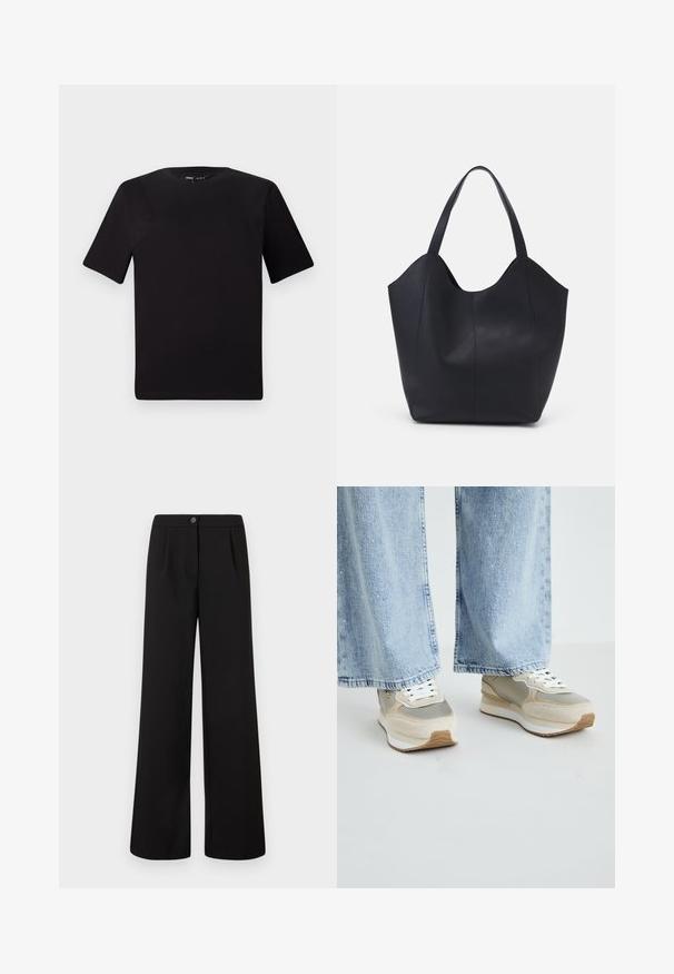 T-shirt preta de mangas curtas com decote redondo, feita de tecido de algodão suave. Design simples, sem logótipos ou padrões visíveis.; Calças largas de cintura alta pretas com fecho frontal em botão e zipper, apresentando pregas subtis abaixo da cintura.; Ténis bege e cinza com uma mistura de camurça e material refletor, atacadores brancos, sola de borracha e detalhes texturizados. Usados com calças de ganga azul claro.; Saco tote preto feito de couro liso, apresentando um topo aberto curvo com duas alças de ombro e um design minimalista.