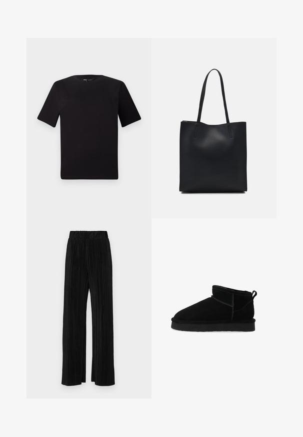 Musta lyhythihainen t-paita pyöreällä kaula-aukolla, valmistettu pehmeästä puuvillakankaasta. Yksinkertainen malli, ei näkyviä logoja tai kuvioita.; Mustat pleatatut housut, joissa on joustava vyötärö. Ominaisuuksiin kuuluvat leveät lahkeet ja sileä, teksturoitu kangas, jossa on pystysuoria raitoja.; Bianco Talvisaappaat - black; Mustapahkainen kangaskassi, jossa on sileä pinta, suorakaiteen muotoinen ja kaksi pitkää kahvaa. Ei näkyvää metalliosaa tai koristeita.