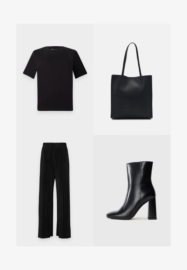 Svart t-skjorte med korte ermer og rund hals, laget av mykt bomullsstoff. Enkelt design, ingen synlige logoer eller mønstre.; Sorte plisserte bukser med elastisk midje. Har vide ben og et glatt, strukturert stoff med vertikale striper.; Svart skinnstøvel til midten av leggen med spiss tå og kraftig høy hæl, vist fra siden på en ensfarget hvit bakgrunn.; Svart lær tote bag med glatt tekstur, rektangulær form og to lange håndtak. Ingen synlige deler eller dekorasjoner.