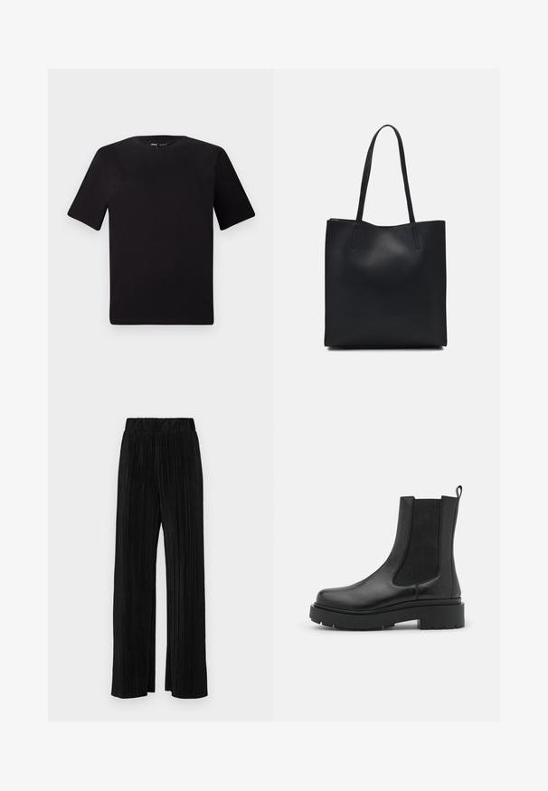 Melnas īsām piedurknēm T-krekls ar apaļu kakla izgriezumu, izgatavots no mīksta kokvilnas auduma. Vienkāršs dizains, bez redzamām logo vai rakstiem.; Melni plīšu bikses ar elastīgu jostu. Tām ir platākas kājas un gluda, teksturēta auduma ar vertikālām svītrām.; Melnas ādas potītes zābaki ar elastīgām sānu daļām, masīvu gumijas zoli un cilpu. Gluda tekstūra ar elegantu dizainu.; Melnas ādas somiņa ar gludu tekstūru, taisnstūra formu un divām garām rokturiem. Nav redzamu aparatūras vai rotājumu.