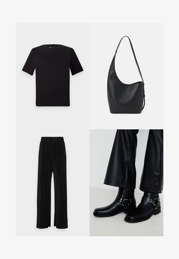 Melnas īsām piedurknēm T-krekls ar apaļu kakla izgriezumu, izgatavots no mīksta kokvilnas auduma. Vienkāršs dizains, bez redzamām logo vai rakstiem.; Melni plīšu bikses ar elastīgu jostu. Tām ir platākas kājas un gluda, teksturēta auduma ar vertikālām svītrām.; Melni ādas potīšu zābaki ar noapaļotu pirkstu, dekoratīvu sprādzi un kniedēm uz siksniņas, kā arī vertikālām ribām.; Melnas ādas hobo soma ar gludu tekstūru, izliekta forma un vienu regulējamu jostu; augšā ir plaša atvere.