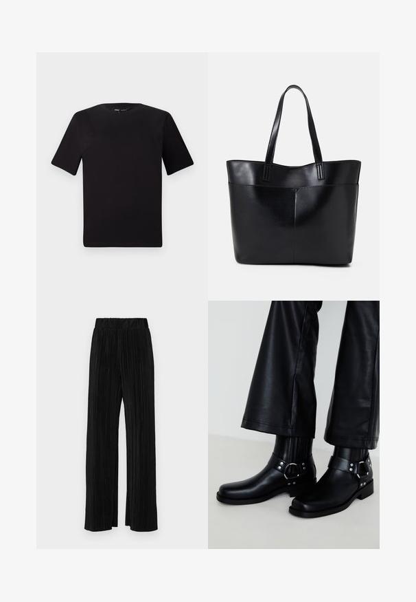 T-shirt nera a maniche corte con scollatura rotonda, realizzata in morbido cotone. Design semplice, senza loghi o motivi visibili.; Pantaloni neri a plissé con vita elasticizzata. Presentano gamba ampia e un tessuto liscio e texture con strisce verticali.; Stivali alla caviglia in pelle nera con punta rotonda, dotati di una fibbia decorativa e borchie sulla cinghia, e dettagli rigati verticali.; Borsa a tracolla in pelle nera con due manici lunghi, una texture liscia e una forma strutturata. Presenta una tasca frontale per ulteriore spazio di archiviazione.