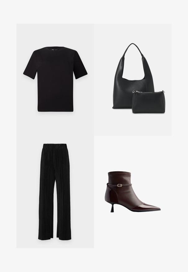 T-shirt noir à manches courtes avec un col rond, fabriqué en coton doux. Design simple, sans logos ni motifs visibles.; Pantalons plissés noirs avec une taille élastique. Présente des jambes larges et un tissu lisse texturé avec des rayures verticales.; Bottine en cuir marron avec un bout pointu, un petit talon kitten, et une fine sangle avec une petite boucle en or autour de la cheville.; Even&Odd Sac à main - black