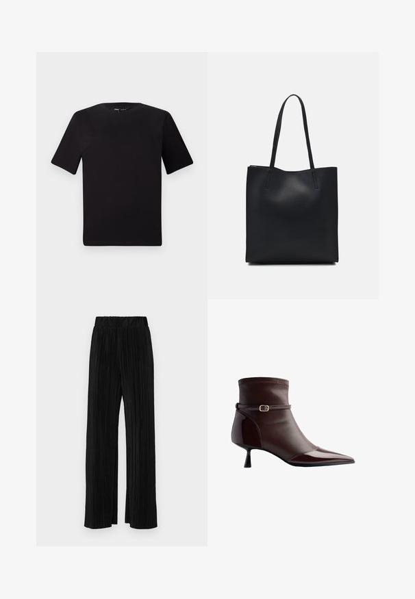 Melnas īsām piedurknēm T-krekls ar apaļu kakla izgriezumu, izgatavots no mīksta kokvilnas auduma. Vienkāršs dizains, bez redzamām logo vai rakstiem.; Melni plīšu bikses ar elastīgu jostu. Tām ir platākas kājas un gluda, teksturēta auduma ar vertikālām svītrām.; Brūnas ādas potīšu zābaki ar smailu purngalu, nelielu kaķa papēdi un plānu jostu ar mazu zelta sprādzi ap potīti.; Melnas ādas somiņa ar gludu tekstūru, taisnstūra formu un divām garām rokturiem. Nav redzamu aparatūras vai rotājumu.