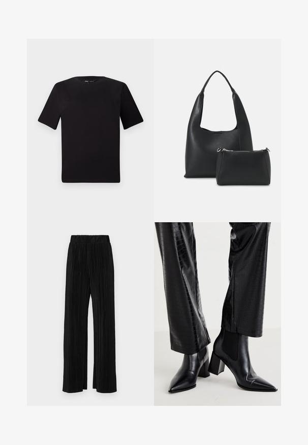 Fekete, rövid ujjú póló, kerek nyakkal, puha pamutból készült. Egyszerű dizájn, nincs látható logó vagy minta.; Fekete pliszírozott nadrág gumis derekkal. Széles lábakkal rendelkezik, sima, texturált anyagból készült, függőleges csíkokkal.; RAID NEMMA - Klasszikus bokacsizmák - black metallic; Even&Odd Kézitáska - black