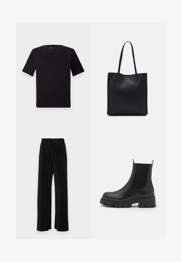 T-shirt noir à manches courtes avec un col rond, fabriqué en coton doux. Design simple, sans logos ni motifs visibles.; Pantalons plissés noirs avec une taille élastique. Présente des jambes larges et un tissu lisse texturé avec des rayures verticales.; Bottes noires en cuir à la cheville avec des panneaux élastiques sur les côtés, semelle épaisse à relief et tirettes. Fini lisse avec un design de bout rond.; Sac fourre-tout en cuir noir avec une texture lisse, de forme rectangulaire et deux longues poignées. Pas de matériel ou d'ornementations visibles.
