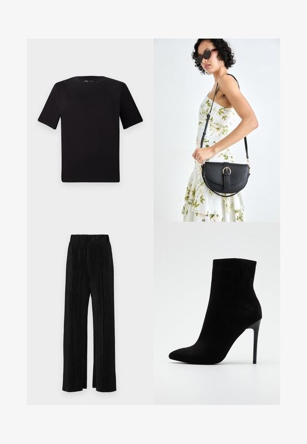 Tricou scurt negru cu mânecă scurtă și guler rotund, realizat dintr-un material de bumbac moale. Design simplu, fără logo-uri sau modele vizibile.; Pantaloni negri plisati cu talie elastică. Prezintă picioare largi și un material neted, texturat, cu dungi verticale.; Botine negre din suede, cu vârf ascuțit și toc înalt stiletto. Textură netedă, linii curate și fără accesorii sau detalii vizibile.; Geantă din piele neagră, cu o formă curbată, curea detașabilă și accesorii aurii. Geanta are un capac cu un detaliu tip cataramă.