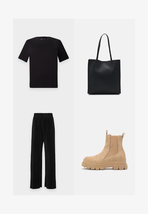 Černé tričko s krátkým rukávem a kulatým výstřihem, vyrobené z měkké bavlněné látky. Jednoduchý design, žádné viditelné logo nebo vzory.; Černé plisované kalhoty s elastickým pasem. Mají široké nohavice a hladkou, strukturovanou tkaninu s vertikálními pruhy.; Hnědé semišové kotníkové boty s elastickými bočními panely, robustní gumovou podrážkou se vzorkem a poutky pro snadné obouvání.; Černá kožená taška přes rameno s hladkým povrchem, obdélníkovým tvarem a dvěma dlouhými uchy. Žádné viditelné kování ani ozdoby.