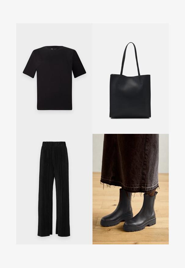 Black short-sleeve t-shirt with a round neckline, crafted from soft cotton fabric. Simple design, no visible logos or patterns.; Black pleated trousers with an elastic waistband. Features wide legs and a smooth, textured fabric with vertical stripes.; Black leather ankle boots with elastic side panels, a chunky rubber sole, and a rounded toe, paired with a dark, frayed denim skirt.; Black leather tote bag with smooth texture, rectangular shape, and two long handles. No visible hardware or embellishments.