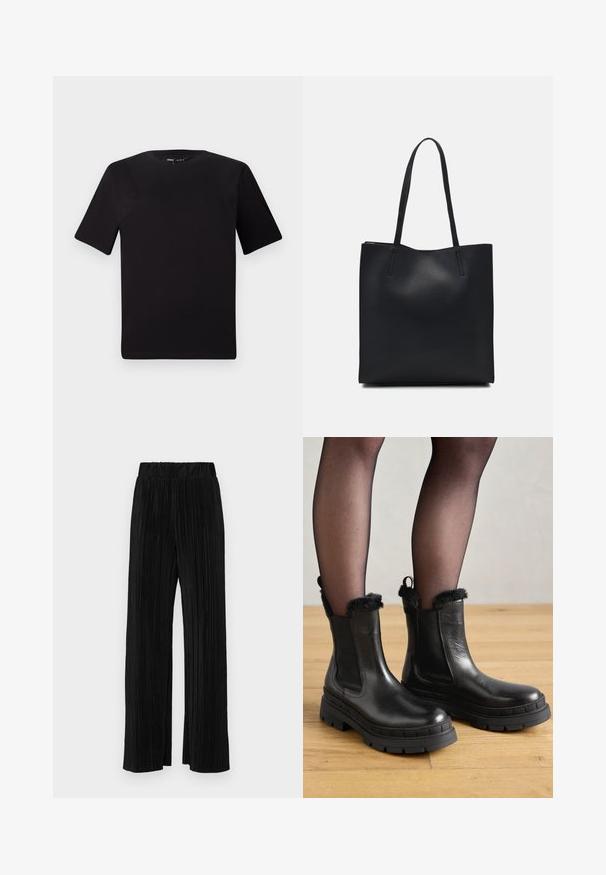 Black short-sleeve t-shirt with a round neckline, crafted from soft cotton fabric. Simple design, no visible logos or patterns.; Black pleated trousers with an elastic waistband. Features wide legs and a smooth, textured fabric with vertical stripes.; Black leather ankle boots with textured upper, plush fur trim, elastic side panels, and chunky rubber soles. Designed for durability and comfort.; Black leather tote bag with smooth texture, rectangular shape, and two long handles. No visible hardware or embellishments.