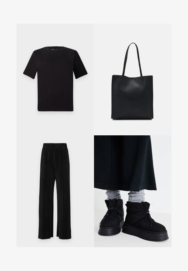 Must olema lühikeste varrukatega must t-särk ümmarguse kaelusega, valmistatud pehmest puuvillast kangast. Lihtne disain, ilma nähtavate logode või mustriteta.; Mustad pleekitud püksid elastse vöökohtaga. Omavad laiad jalad ja sujuvat, tekstureeritud kangast vertikaalsete triipudega.; Mustad, paksu pahkluu saapad, millel on lame tallad, nööridega ja silmapaistva õmblusega. Kombineeritud hallide ribakudumitega sokkidega, milled on nähtaval, kanda tumeda seeliku all.; Mustast nahast kott sujuva tekstuuriga, ristkülikukujuline ja kahe pika sangaga. Pole nähtavat riistvara ega kaunistusi.