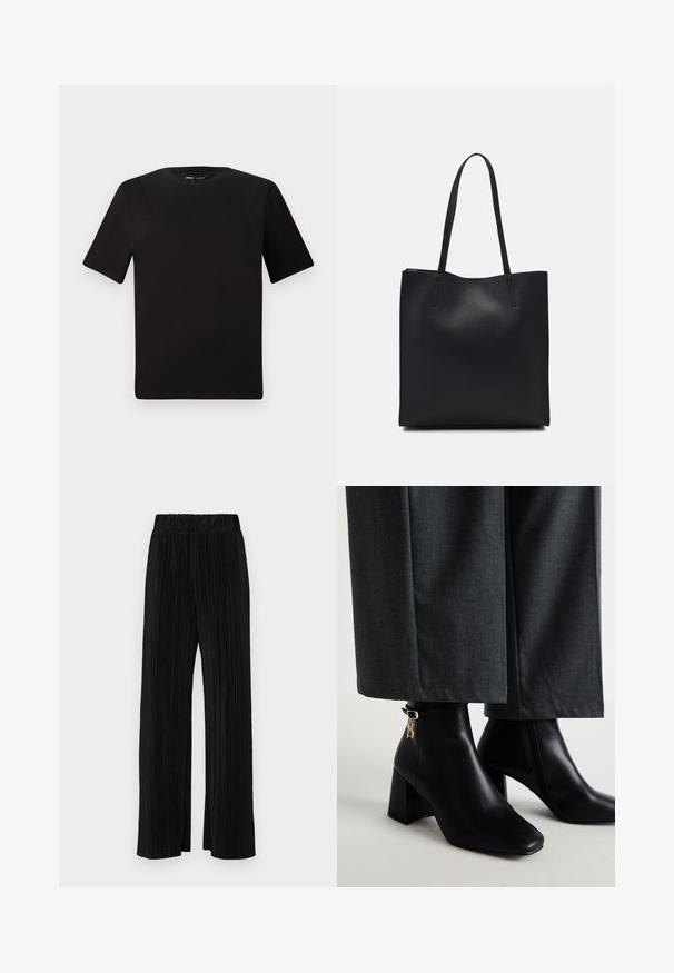 Zwarte T-shirt met korte mouwen en een ronde hals, gemaakt van zachte katoenstof. Eenvoudig ontwerp, geen zichtbare logo's of patronen.; Zwarte geplooide broek met een elastische tailleband. Beschikt over wijde pijpen en een glad, gestructureerd stof met verticale strepen.; Zwarte leren enkelboots met een vierkante neus en blokhak. Heeft een gouden logo-detail op de band. Gecombineerd met grijze wijde broek.; Zwarte leren handtas met een gladde textuur, rechthoekige vorm en twee lange handvaten. Geen zichtbare hardware of versieringen.