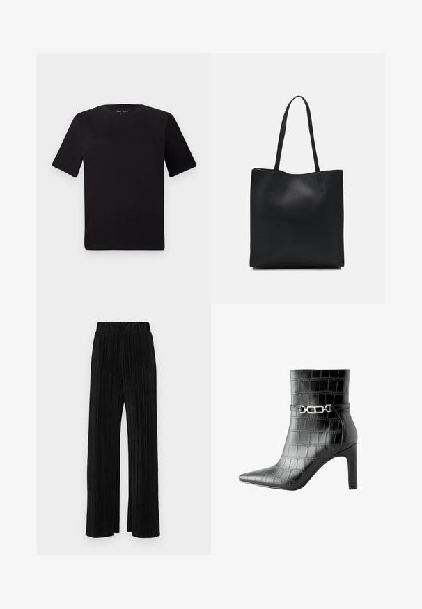 Black short-sleeve t-shirt with a round neckline, crafted from soft cotton fabric. Simple design, no visible logos or patterns.; Black pleated trousers with an elastic waistband. Features wide legs and a smooth, textured fabric with vertical stripes.; Black faux crocodile leather ankle boot with pointed toe, high heel, and silver chain accent around the ankle. Smooth texture and sleek design.; Black leather tote bag with smooth texture, rectangular shape, and two long handles. No visible hardware or embellishments.