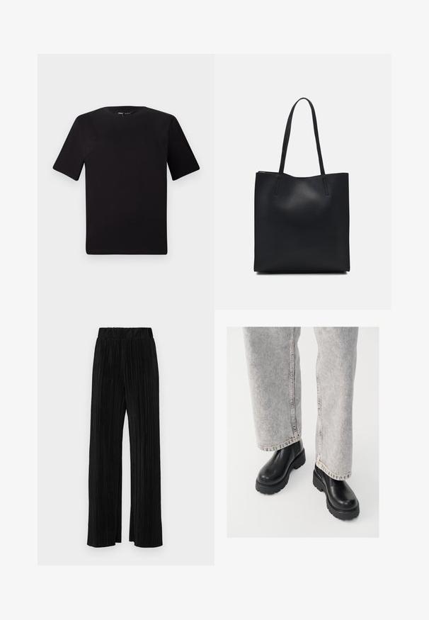 T-shirt preta de mangas curtas com decote redondo, feita de tecido de algodão suave. Design simples, sem logótipos ou padrões visíveis.; Calças pregueadas pretas com uma cintura elástica. Apresentam pernas largas e um tecido liso, texturizado com riscas verticais.; Vagabond COSMO - Botas de tornozelo com plataforma - black; Bolsa tote preta em couro com textura lisa, forma retangular e duas alças longas. Sem hardware ou enfeites visíveis.