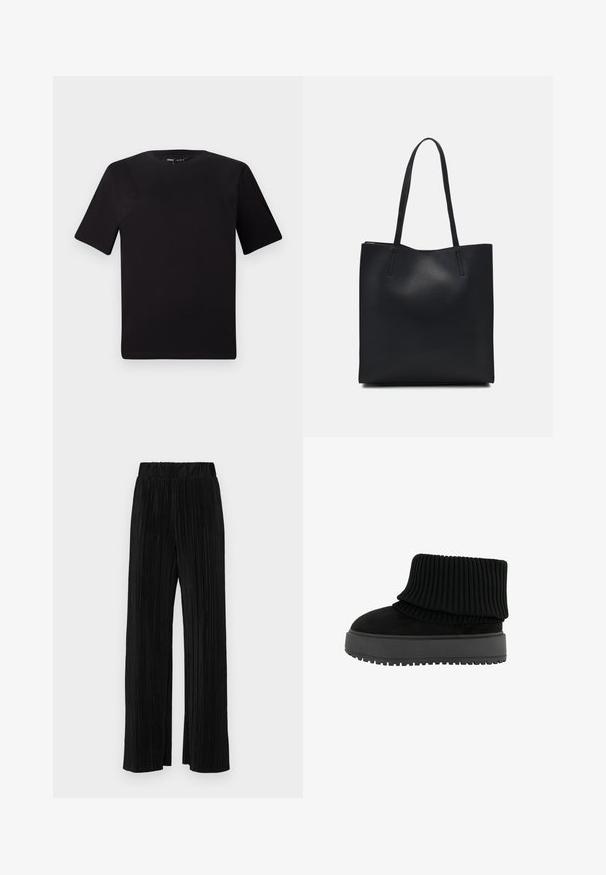 Čierne tričko s krátkym rukávom a okrúhlym výstrihom, vyrobené z mäkkej bavlny. Jednoduchý dizajn, bez viditeľných log alebo vzorov.; Čierne plisované nohavice s elastickým pásom. Majú široké nohavice a hladkú, textúrovanú látku s vertikálnymi pruhmi.; Čierne členkové topánky s rebrovaným pleteným golierom a plochou, textúrovanou podrážkou. Vyrobené z kombinácie semišu a elastických materiálov.; Čierna kožená taška na rameno s hladkým povrchom, obdĺžnikovým tvarom a dvoma dlhými uchami. Bez viditeľného kovania alebo ozdôb.