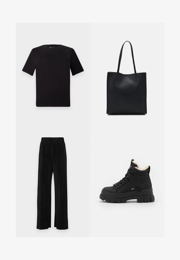 Schwarzes T-Shirt mit kurzen Ärmeln und Rundhalsausschnitt, aus weichem Baumwollmaterial gefertigt. Schlichtes Design, keine sichtbaren Logos oder Muster.; Schwarze plissierte Hose mit elastischem Bund. Verfügt über weite Hosenbeine und einen glatten, strukturierten Stoff mit vertikalen Streifen.; Buffalo ASPHA MID WARM - Schnürstiefelette - black; Schwarze Laptoptasche aus Leder mit glatter Textur, rechteckiger Form und zwei langen Griffen. Keine sichtbaren Beschläge oder Verzierungen.