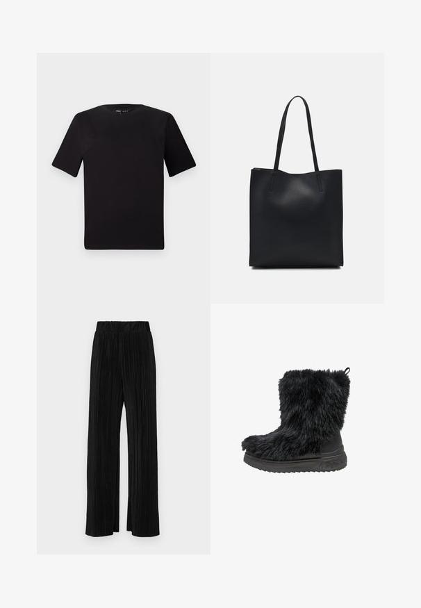 Črna majica s kratkimi rokavi in okroglim izrezom, izdelana iz mehkega bombažnega materiala. Preprost dizajn, brez vidnih logotipov ali vzorcev.; Črne plisirane hlače z elastičnim pasom. Imajo široke noge in gladko, teksturirano tkanino z navpičnimi črtami.; Črne faux krzno gležnjarje z debelim črnim gumijastim podplatom in teksturirano površino. Imajo zanko na hrbtni strani za enostavno obuvanje.; Črna usnjena torba s svilnato teksturo, pravokotne oblike in dvema dolgima ročajema. Brez vidnih metalnih delov ali okrasnih elementov.