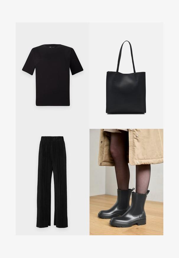 T-shirt noir à manches courtes avec un col rond, fabriqué en coton doux. Design simple, sans logos ni motifs visibles.; Pantalons plissés noirs avec une taille élastique. Présente des jambes larges et un tissu lisse texturé avec des rayures verticales.; Bottes de cheville en caoutchouc noir avec une finition lisse, des panneaux latéraux élastiques et des semelles robustes. Portées avec des collants sombres et un manteau beige.; Sac fourre-tout en cuir noir avec une texture lisse, de forme rectangulaire et deux longues poignées. Pas de matériel ou d'ornementations visibles.