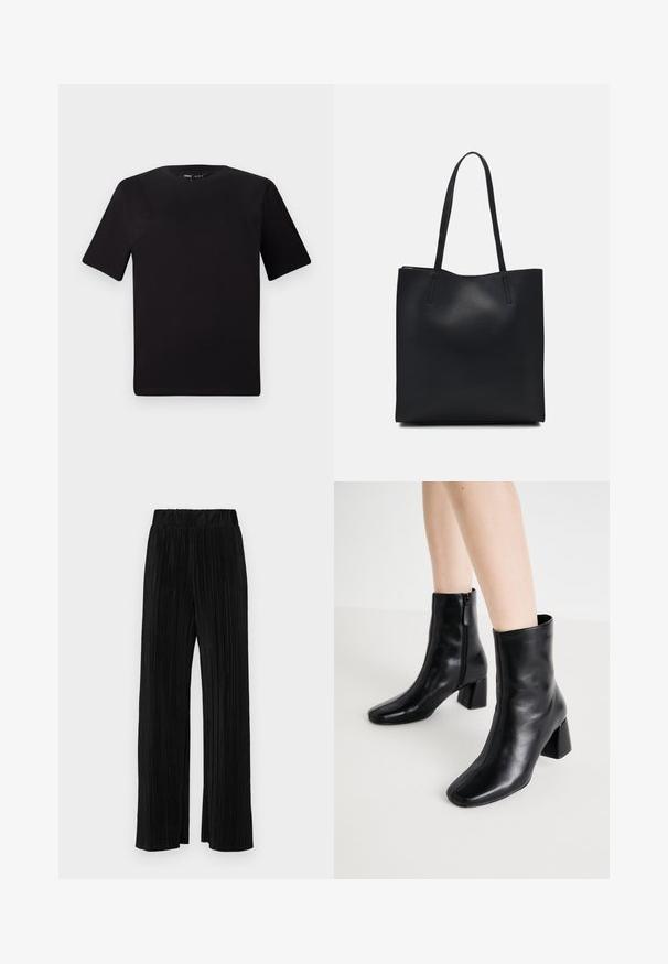 Juodas trumpas rankovės marškinėlis su apvaliu iškirpimu, pagamintas iš minkštos medvilnės medžiagos. Paprastas dizainas, be matomų logotipų ar raštų.; Juodi plisuoti kelnės su elastine juosta. Turėkite plačias kojas ir glotnų, tekstūrinį audinį su vertikaliais dryžiais.; ONLY SHOES ONLBRIELLE - Aulinukai - black; Juodas odinis tote krepšys su lygia tekstūra, stačiakampio formos ir dviem ilgais rankenomis. Matomų metalinių detalių ar puošybos nėra.