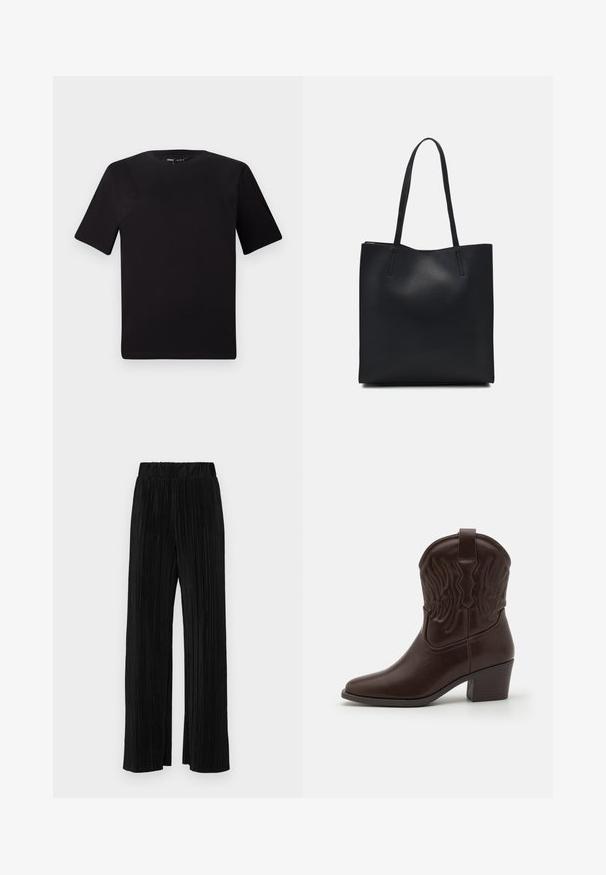 Black short-sleeve t-shirt with a round neckline, crafted from soft cotton fabric. Simple design, no visible logos or patterns.; Black pleated trousers with an elastic waistband. Features wide legs and a smooth, textured fabric with vertical stripes.; Brown leather cowboy boots featuring pointed toes, embossed wing patterns, a mid-height block heel, and a pull tab at the back.; Black leather tote bag with smooth texture, rectangular shape, and two long handles. No visible hardware or embellishments.