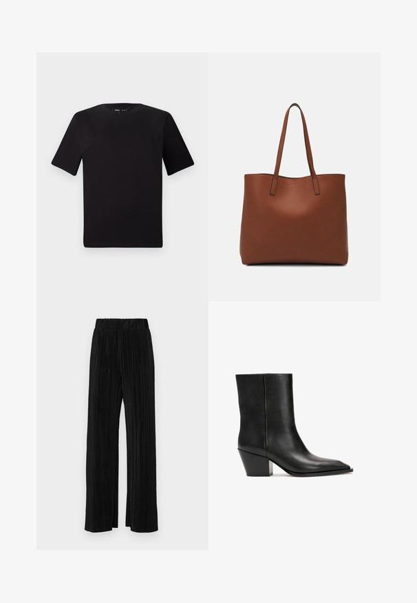 Fekete, rövid ujjú póló, kerek nyakkal, puha pamutból készült. Egyszerű dizájn, nincs látható logó vagy minta.; Fekete pliszírozott nadrág gumis derekkal. Széles lábakkal rendelkezik, sima, texturált anyagból készült, függőleges csíkokkal.; Fekete bőrből készült bokacsizma sima textúrával, négyzet alakú orral és geometrikus, vastag sarkkal. Letisztult dizájn, látható fémalkatrészek vagy minták nélkül.; Barna bőr vászontáska sima textúrával, nyitott tetejű dizájnnal és két vállpánttal. Minimális varrással és látható hardver nélkül készült.