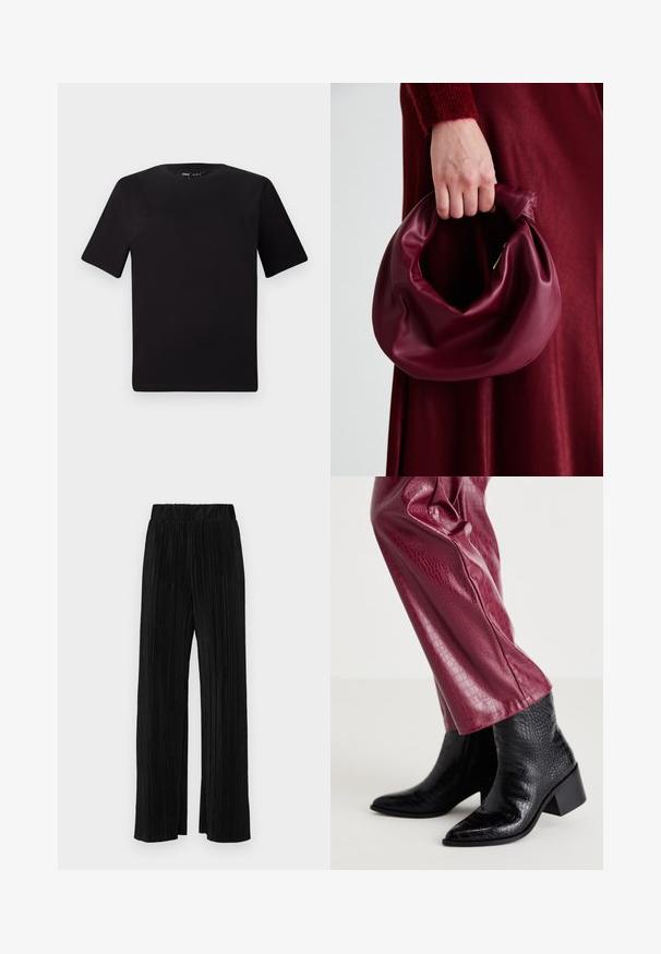 Svart t-skjorte med korte ermer og rund hals, laget av mykt bomullsstoff. Enkelt design, ingen synlige logoer eller mønstre.; Sorte plisserte bukser med elastisk midje. Har vide ben og et glatt, strukturert stoff med vertikale striper.; Svarte teksturerte skinnankelstøvler med spiss tå og lav blokkhelle, kombinert med tettsittende burgunder-faux skinnbukser med krokodillemønster.; Bordeaux lærhåndveske med et mykt, samlet design og avrundet form. Håndtaket er festet, og viser en glatt tekstur.