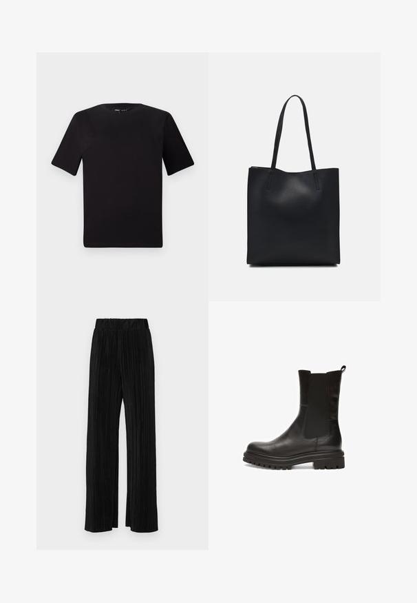 Fekete, rövid ujjú póló, kerek nyakkal, puha pamutból készült. Egyszerű dizájn, nincs látható logó vagy minta.; Fekete pliszírozott nadrág gumis derekkal. Széles lábakkal rendelkezik, sima, texturált anyagból készült, függőleges csíkokkal.; Fekete bőr bokacsizma rugalmas oldalpanellel, lekerekített orral és vastag, textúrált gumitalppal, mély barázdákkal a tapadás érdekében.; Fekete bőrtáska sima felszínnel, téglalap alakú, két hosszú füllel. Nincs látható fémkiegészítő vagy díszítés.