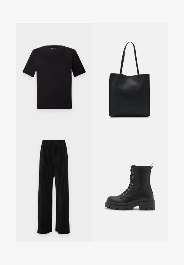 Svart kortärmad t-shirt med rund halsringning, tillverkad i mjukt bomullstyg. Enkelt mönster, utan synliga logotyper eller mönster.; Svarta plisserade byxor med resårmidja. Har vida ben och ett mjukt, texturerat material med vertikala ränder.; Svarta snörstövlar med chunky sula, slät textur, silverdetaljer och en dragflik baktill för enkel påtagning.; Svart lädertoffelväska med slät textur, rektangulär form och två långa handtag. Ingen synlig hårdvara eller dekorationer.