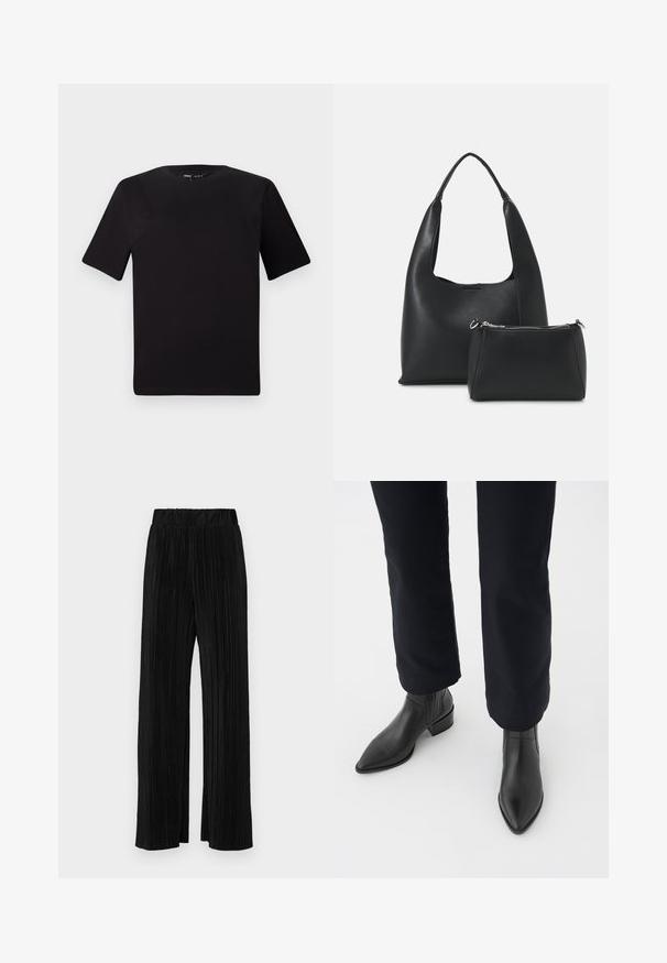 T-shirt preta de mangas curtas com decote redondo, feita de tecido de algodão suave. Design simples, sem logótipos ou padrões visíveis.; Calças pregueadas pretas com uma cintura elástica. Apresentam pernas largas e um tecido liso, texturizado com riscas verticais.; Botas de tornozelo em couro preto com bico afunilado, salto bloco e painéis laterais texturizados, usadas com calças escuras em fundo branco.; Even&Odd Mala de mão - black