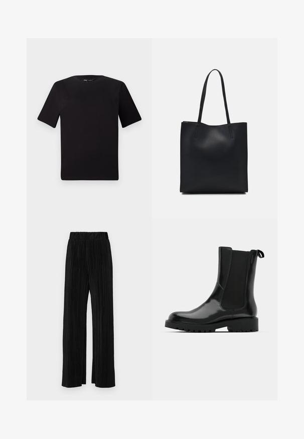 Camiseta negra de manga corta con cuello redondo, fabricada en suave algodón. Diseño simple, sin logos ni patrones visibles.; Pantalones negros de pliegues con una cintura elástica. Presentan piernas anchas y una tela suave y texturada con rayas verticales.; Botas negras hasta el tobillo hechas de material brillante con paneles laterales elásticos, una lengüeta de tiro y una suela gruesa y resistente con detalle de banda de rodadura.; Bolso tote de cuero negro con textura lisa, forma rectangular y dos asas largas. Sin herrajes ni adornos visibles.