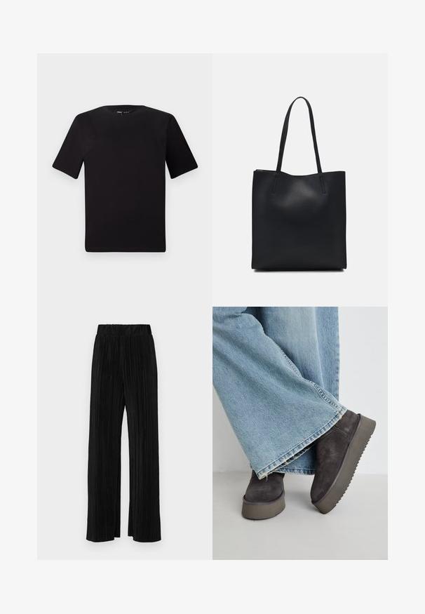Černé tričko s krátkým rukávem a kulatým výstřihem, vyrobené z měkké bavlněné látky. Jednoduchý design, žádné viditelné logo nebo vzory.; Černé plisované kalhoty s elastickým pasem. Mají široké nohavice a hladkou, strukturovanou tkaninu s vertikálními pruhy.; Šedé semišové kotníkové boty s silnou, vroubkovanou gumovou podrážkou, spárované se širokými světle modrými jeansovými kalhotami. Boty mají boční zip.; Černá kožená taška přes rameno s hladkým povrchem, obdélníkovým tvarem a dvěma dlouhými uchy. Žádné viditelné kování ani ozdoby.