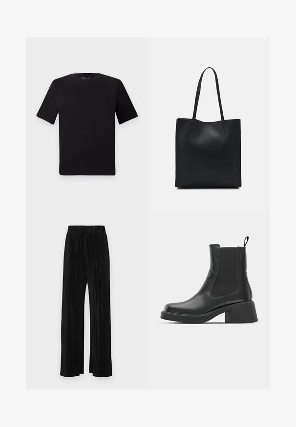Černé tričko s krátkým rukávem a kulatým výstřihem, vyrobené z měkké bavlněné látky. Jednoduchý design, žádné viditelné logo nebo vzory.; Černé plisované kalhoty s elastickým pasem. Mají široké nohavice a hladkou, strukturovanou tkaninu s vertikálními pruhy.; Černé kožené kotníkové boty s elastickými bočními panely, kulatou špičkou a silným blokovým podpatkem. Hladká textura s minimalistickým designem.; Černá kožená taška přes rameno s hladkým povrchem, obdélníkovým tvarem a dvěma dlouhými uchy. Žádné viditelné kování ani ozdoby.