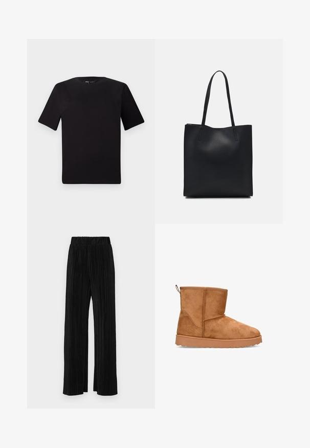 T-shirt nera a maniche corte con scollatura rotonda, realizzata in morbido cotone. Design semplice, senza loghi o motivi visibili.; Pantaloni neri a plissé con vita elasticizzata. Presentano gamba ampia e un tessuto liscio e texture con strisce verticali.; Stivaletto in camoscio marrone con superficie texture, dotato di suola in gomma piatta e anello posteriore per un facile accesso.; Borsa tote in pelle nera con texture liscia, forma rettangolare e due manici lunghi. Nessun hardware o decorazione visibile.
