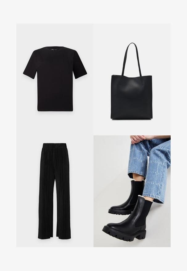 Camiseta negra de manga corta con cuello redondo, fabricada en suave algodón. Diseño simple, sin logos ni patrones visibles.; Pantalones negros de pliegues con una cintura elástica. Presentan piernas anchas y una tela suave y texturada con rayas verticales.; Botas de tobillo de cuero negro con paneles elásticos en los costados, suelas gruesas texturizadas y forro de borreguillo en la parte superior, combinadas con jeans claros de denim azul adornados.; Bolso tote de cuero negro con textura lisa, forma rectangular y dos asas largas. Sin herrajes ni adornos visibles.