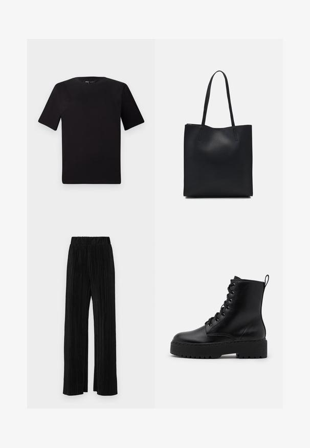 T-shirt nera a maniche corte con scollatura rotonda, realizzata in morbido cotone. Design semplice, senza loghi o motivi visibili.; Pantaloni neri a plissé con vita elasticizzata. Presentano gamba ampia e un tessuto liscio e texture con strisce verticali.; Stivale alla caviglia in pelle nera con suola spessa e texture, punta tonda e occhielli metallici per i lacci. Presenta un linguetta sul retro.; Borsa tote in pelle nera con texture liscia, forma rettangolare e due manici lunghi. Nessun hardware o decorazione visibile.