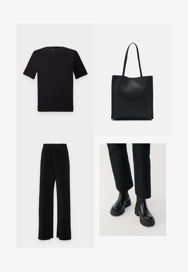 Tricou scurt negru cu mânecă scurtă și guler rotund, realizat dintr-un material de bumbac moale. Design simplu, fără logo-uri sau modele vizibile.; Pantaloni negri plisati cu talie elastică. Prezintă picioare largi și un material neted, texturat, cu dungi verticale.; Cizme negre din piele până la glezne, cu o talpă groasă, panouri laterale elastice și un finisaj neted, purtate cu pantaloni negri largi.; Geantă tote neagră din piele, cu textură netedă, formă rectangulară și două mânere lungi. Fără hardware vizibil sau ornamente.