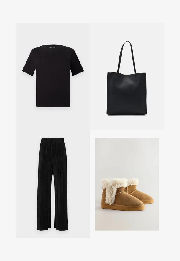 Sort kortærmet t-shirt med rund halsudskæring, lavet af blødt bomuldsstof. Enkel design, ingen synlige logoer eller mønstre.; Sorte plisserede bukser med elastisk talje. Har brede ben og et glat, tekstureret stof med lodrette striber.; Brune ruskinds ankelstøvler med en fluffy, hvid fake fur-kant, rund tå og flad gummisål. Syninger langs siderne.; Sort læder tote taske med glat tekstur, rektangulær form og to lange hanke. Ingen synlig hardware eller udsmykninger.