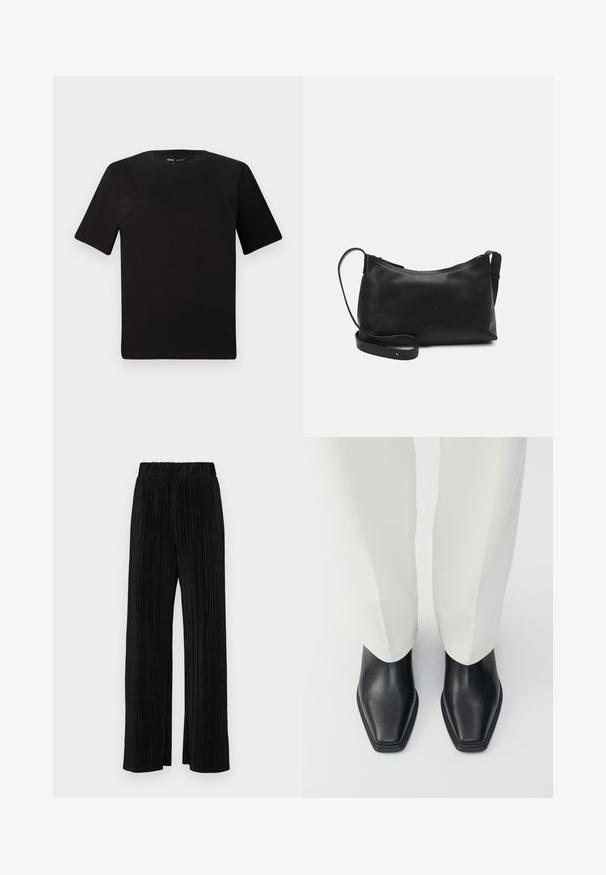 T-shirt preta de mangas curtas com decote redondo, feita de tecido de algodão suave. Design simples, sem logótipos ou padrões visíveis.; Calças pregueadas pretas com uma cintura elástica. Apresentam pernas largas e um tecido liso, texturizado com riscas verticais.; Botas de cano curto em couro preto com biqueira pontiaguda e um salto baixo, combinadas com calças brancas de perna larga. Textura suave, design elegante.; Bolsa de ombro em pele preta com textura suave, forma curva, alça ajustável e fecho com zip. Design minimalista sem adornos.