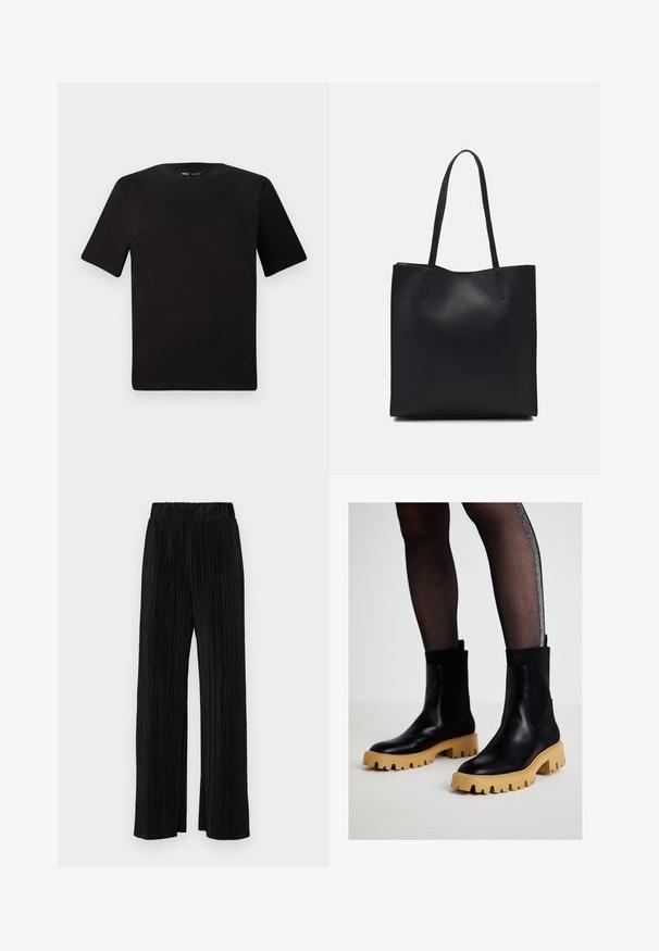 Černé tričko s krátkým rukávem a kulatým výstřihem, vyrobené z měkké bavlněné látky. Jednoduchý design, žádné viditelné logo nebo vzory.; Černé plisované kalhoty s elastickým pasem. Mají široké nohavice a hladkou, strukturovanou tkaninu s vertikálními pruhy.; Černé kožené kotníkové boty s robustní béžovou gumovou podrážkou a žebrovanými textilními akcenty. Hladký povrch, zaoblená špička a vysoký elastický svršek.; Černá kožená taška přes rameno s hladkým povrchem, obdélníkovým tvarem a dvěma dlouhými uchy. Žádné viditelné kování ani ozdoby.