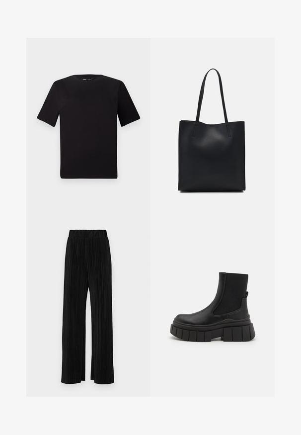 Crna majica kratkih rukava s okruglim izrezom, izrađena od mekane pamučne tkanine. Jednostavan dizajn, bez vidljivih logotipa ili uzoraka.; Crne plisirane hlače s elastičnim pojasom. Imaju široke nogavice i glatku, teksturiranu tkaninu s vertikalnim prugama.; Crne gležnjače od glatke kože s elastičnim bočnim panelima, debelim platformom i teksturiranim uzorkom potplata.; Crna kožna torba za nošenje s glatkom teksturom, pravokutnim oblikom i dvije duge ručke. Nema vidljivih metalnih dijelova ili ukrasa.
