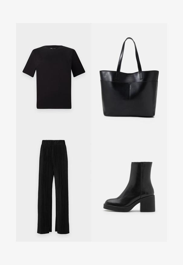 Černé tričko s krátkým rukávem a kulatým výstřihem, vyrobené z měkké bavlněné látky. Jednoduchý design, žádné viditelné logo nebo vzory.; Černé plisované kalhoty s elastickým pasem. Mají široké nohavice a hladkou, strukturovanou tkaninu s vertikálními pruhy.; Černá kožená kotníková bota s kulatou špičkou a masivním blokovým podpatkem. Hladký povrch, minimalistický design a žádné viditelné kovové prvky ani detaily.; Černá kožená taška s dlouhými ušima, hladkým povrchem a strukturovaným tvarem. Obsahuje přední kapsu pro další úložný prostor.