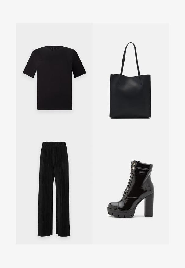 Black short-sleeve t-shirt with a round neckline, crafted from soft cotton fabric. Simple design, no visible logos or patterns.; Black pleated trousers with an elastic waistband. Features wide legs and a smooth, textured fabric with vertical stripes.; RAID KYNLEE - Lace-up ankle boots - black; Black leather tote bag with smooth texture, rectangular shape, and two long handles. No visible hardware or embellishments.